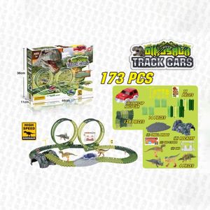 Dinosaur Toys Race Track-173 PCS Flexible Track with LED Light Cars,Dino World Road Race with Dinosaur Figures,Playset for Boys