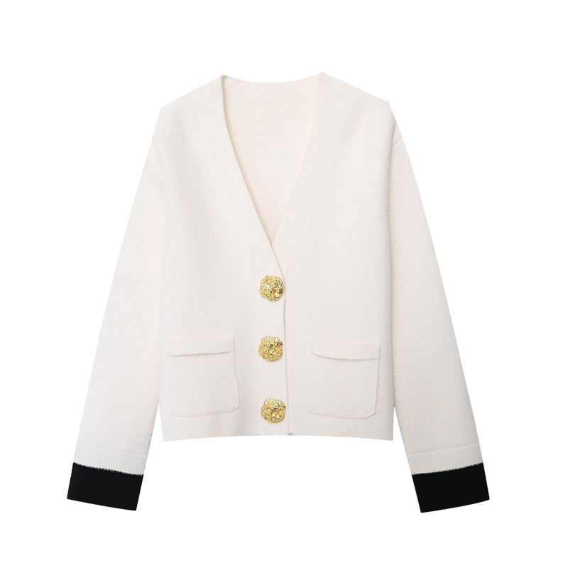Contrast Gold Button V-Neck Knitted Cardigan 2024 Early Autumn New SN6228