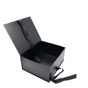 Custom Cardboard Black Empty Shoes Packaging  Magnetic Gift Box With Ribbon Closures