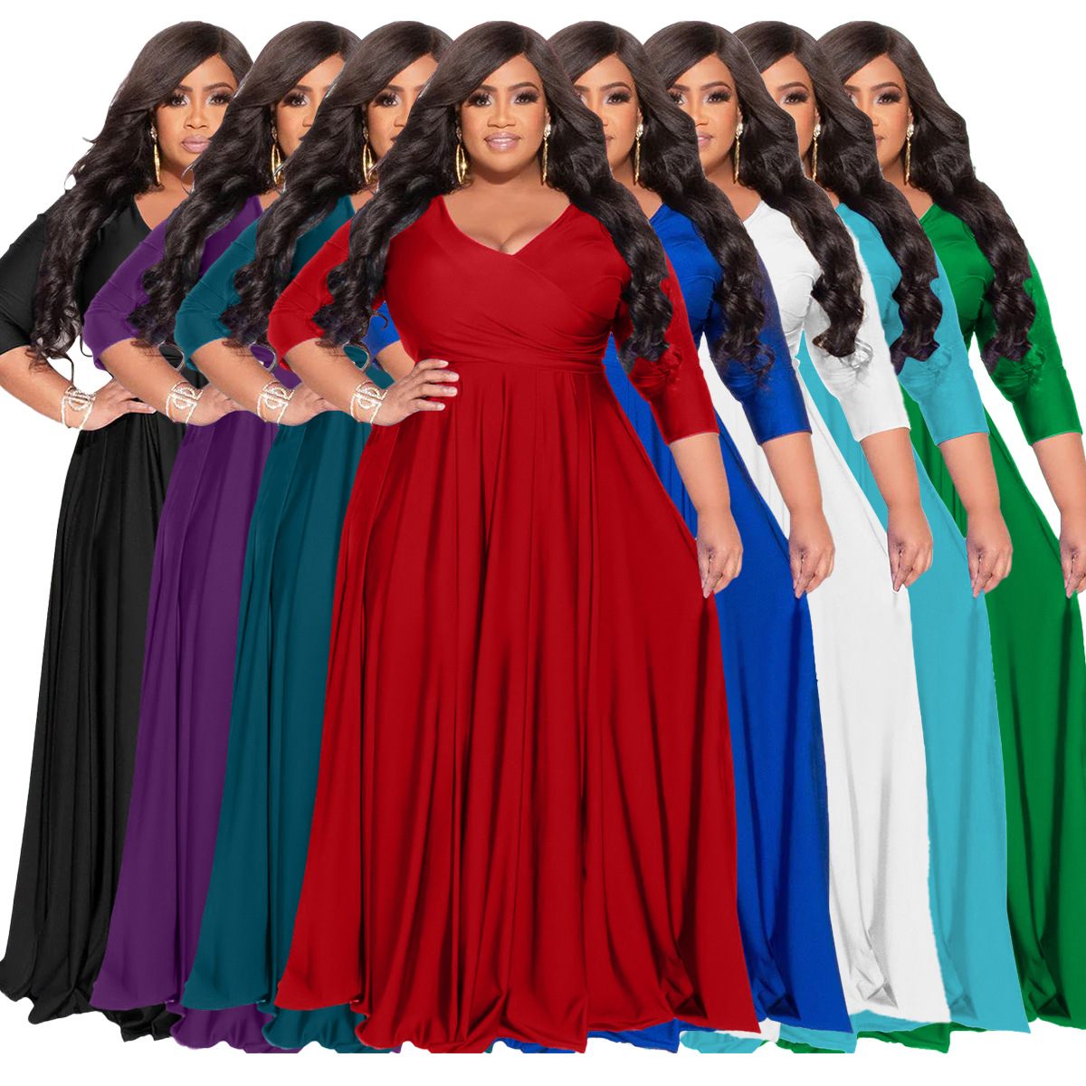 2024 Autumn Dress Fat Woman Shoulder Dress Long Sleeve Deep V-neck Solid Color Dress Plus Size Women's Wedding Dresses