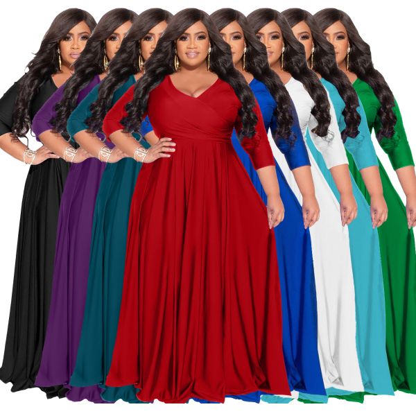 2024 Autumn Dress Fat Woman Shoulder Dress Long Sleeve Deep V-neck Solid Color Dress Plus Size Women's Wedding Dresses