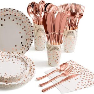 Rose Gold Dot on White Paper Plates and Napkins Cups Silverware Serves for Wedding Bridal Shower Engagement Birthday Parties