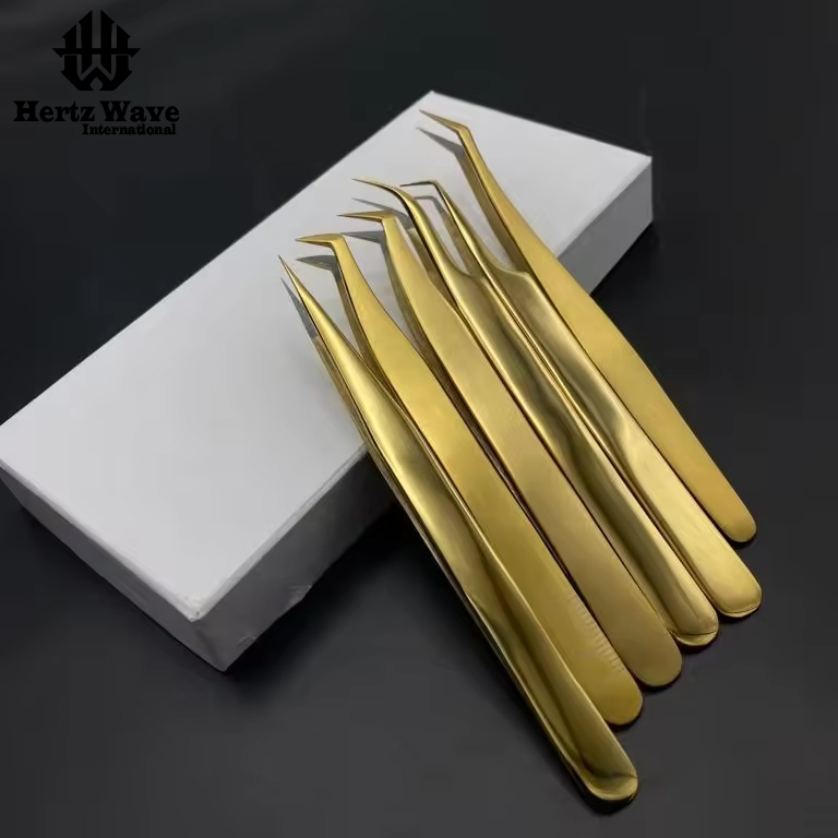 GOLDEN SIGN Top Trending Professional Eyelash Tweezers Set 6 pcs Gold Coated Premium Quality Beauty Instruments By Hertz Wave International