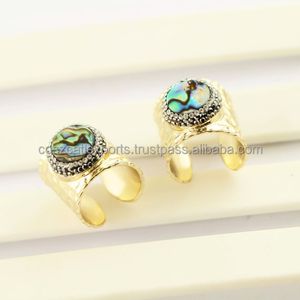 Natural Abalone Shell Rhinestone Crystal Paved Wide Gold Plated Rainbow Shell Gemstone Jewelry eternity vermeil Rings