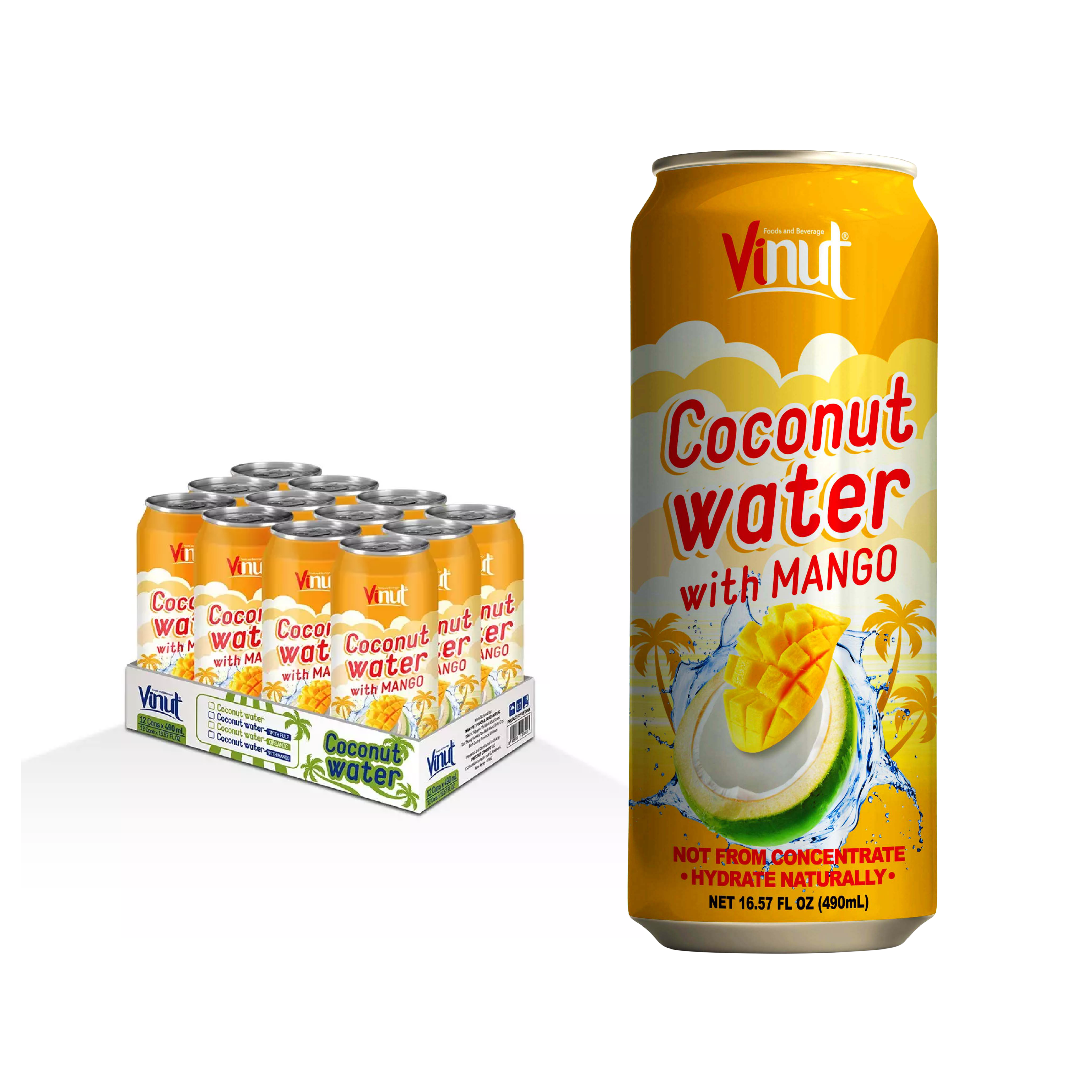 NAM VIET FOODS AND BEVERAGE JOINT STOCK COMPANY Pure Coconut Water with Mango | 490ml (Pack of 24) VINUT, Plant Based, Non-GMO, No Added Sugar, Essential Electrolytes