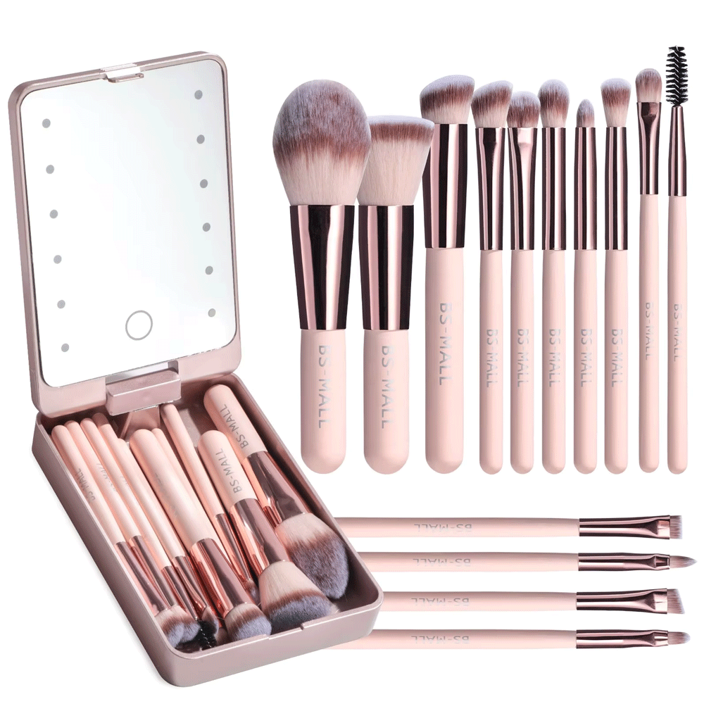 Market Union Co., Ltd. 2024 New Makeup Brush Set with Mirror Case Custom Logo 14PCS BS-MALL Travel LED Mirror Makeup Brush Set