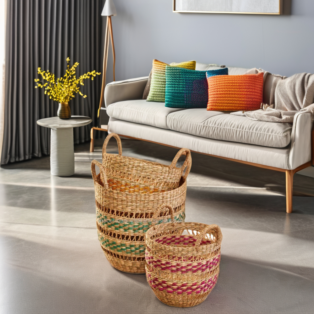INDOCHINA CREATIVE INVESTMENT AND DEVELOPMENT JOINT STOCK COMPANY Colorful Set Of 3 Seagrass Planter with handle, Flower Pot, Weave Seagrass Basket Set Home Decoration