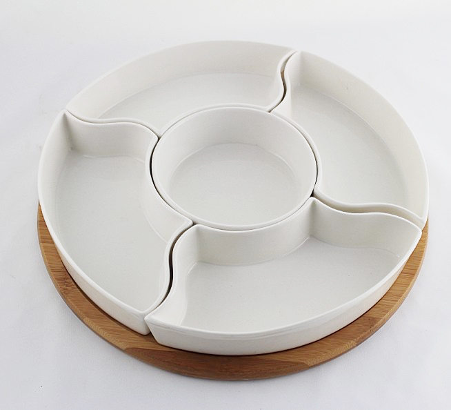 Round 5 compartments ceramic white divided dinner plate, snack fruit nacho appetizer cheese serving platter wood tray