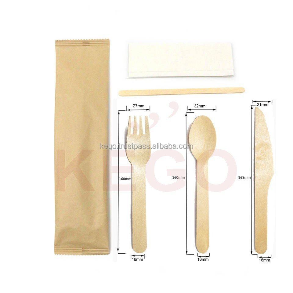 100% biodegradable disposable wooden spoon wood cutlery Individual set of disposable wooden cutlery for party