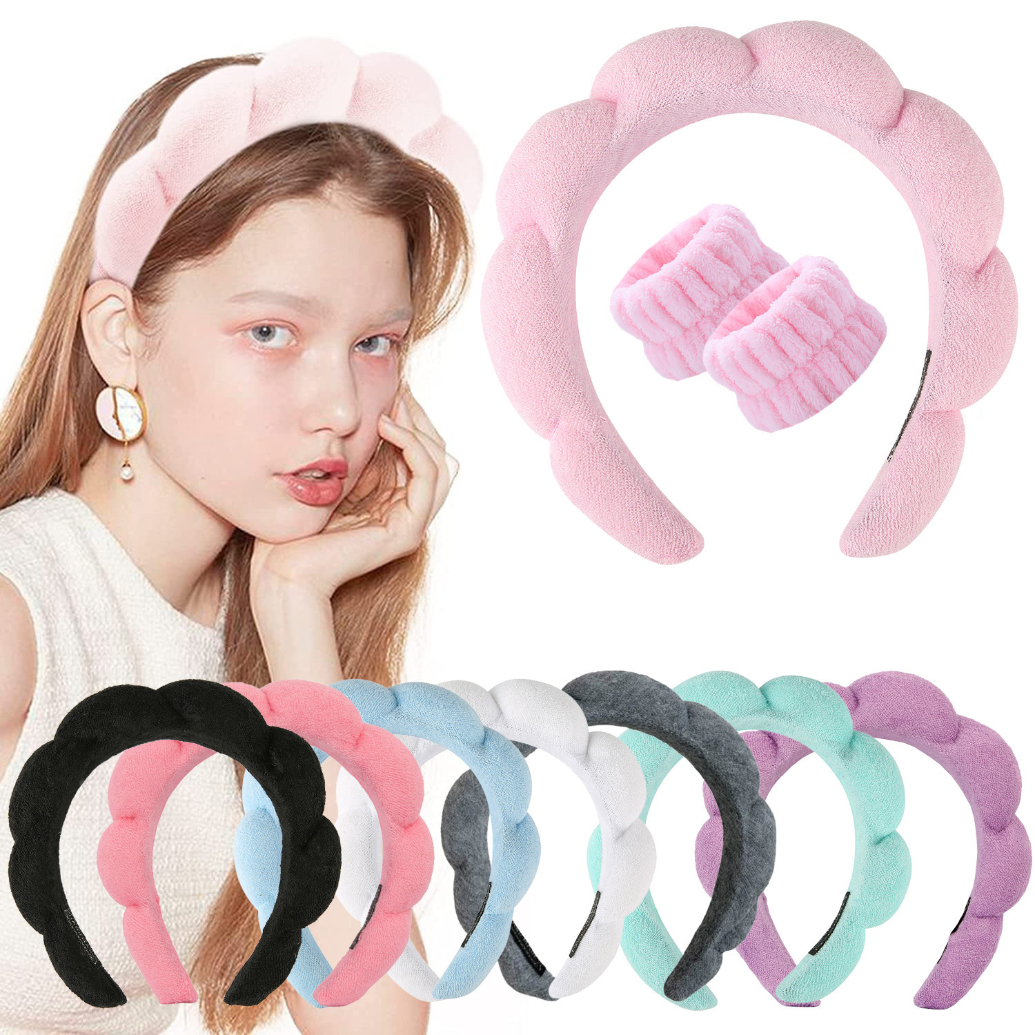 Skylark Network Co., Ltd. Puffy Sponge Spa Headbands Terry Towel Cloth Fabric Makeup Spa Hair Band for Skin Care
