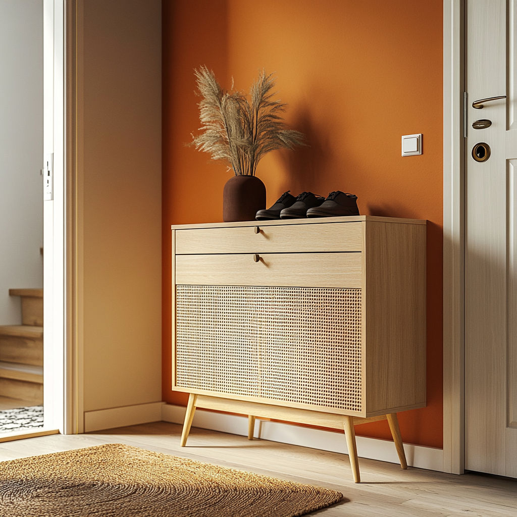 Dongguan OE home Furniture Co.,Ltd Rustic Design Japanese Style Ample Storage Space Wooden Rattan Shoe Cabinet for Entry Room