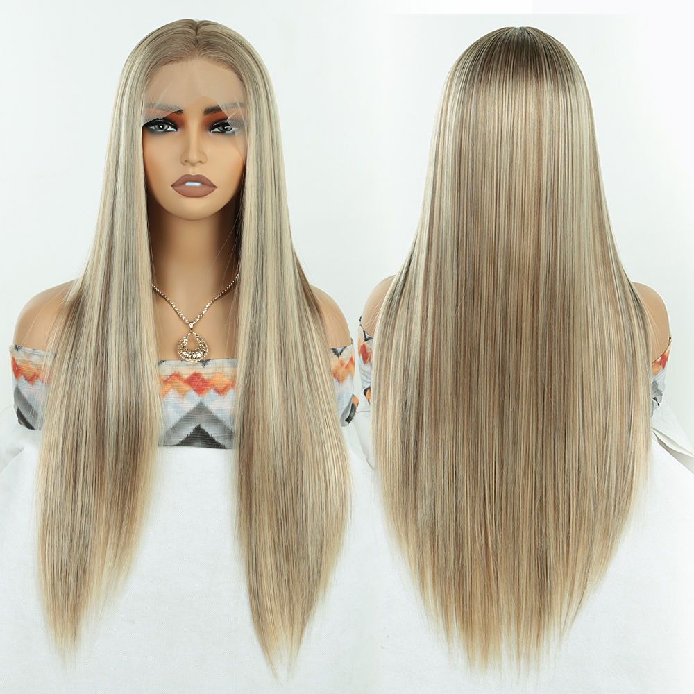 13x4 Lace Front Long Straight Wig Highlight Brown Synthetic Lace Wigs for Women