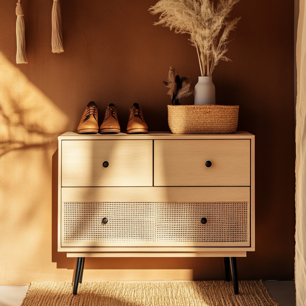 Dongguan OE home Furniture Co.,Ltd Wooden Rattan Nightstand Night Stand with 2 Rattan Drawers Modern Bedside Tables End Side Table Bedroom Furniture