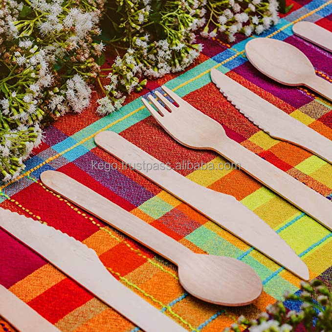 KE GO COMPANY LIMITED Best seller high quality natural wooden disposable spoon knife fork napkin for hotel supplies dining table set from Vietnam