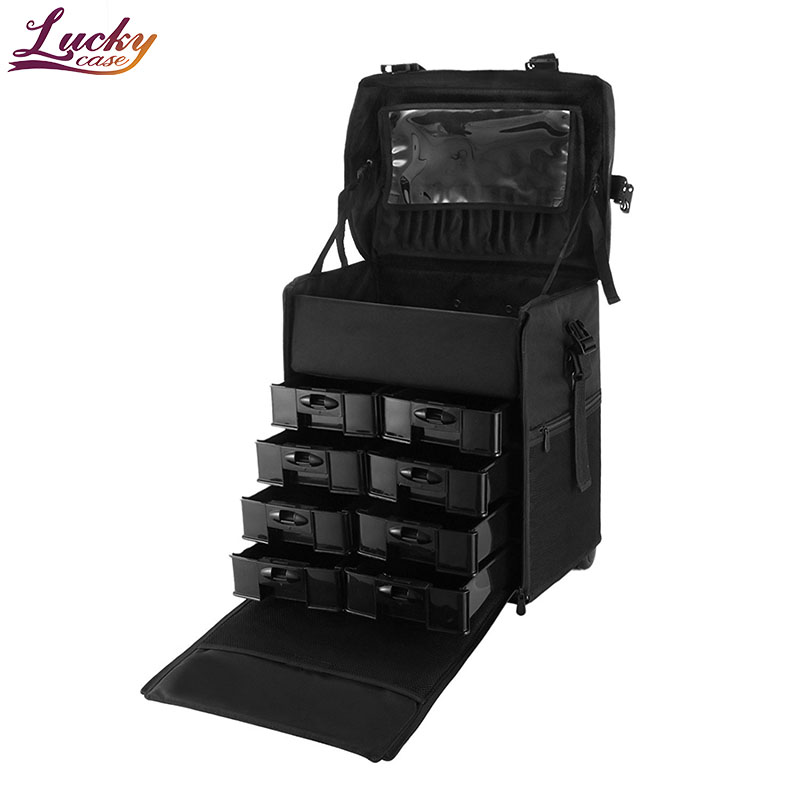 Black Cosmetic Bag Soft Black Rolling Trolley Makeup Case with Free 3 Piece Organizer Professional Trolley Makeup Case