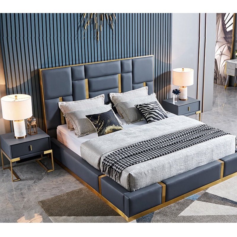 Dongguan OE home Furniture Co.,Ltd Hot sale Luxury bed modern leather bed with golden stainless steel frame
