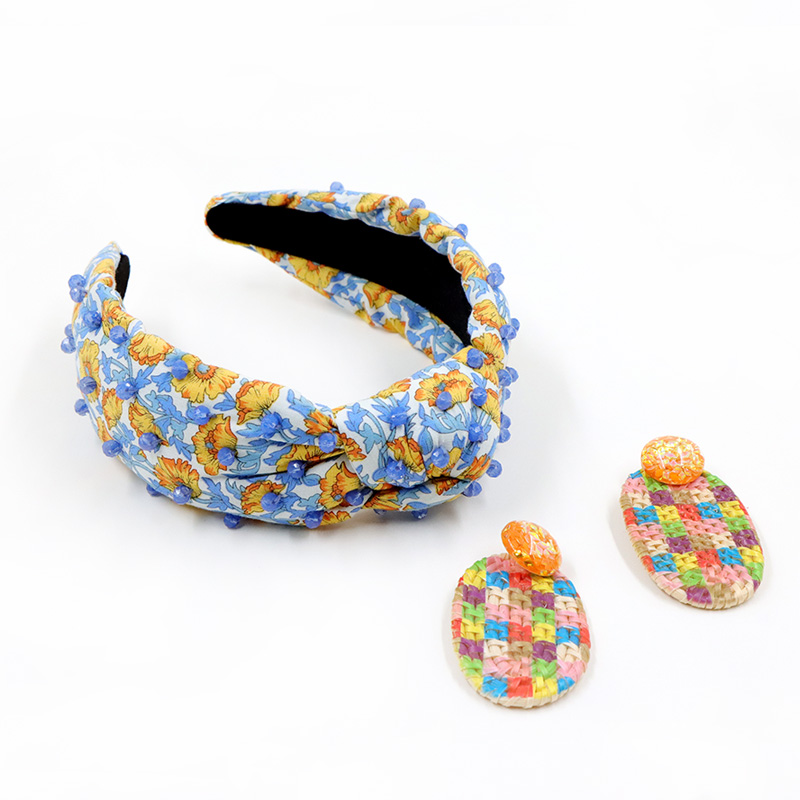 Various Fabric Blue Crystal Stone Hand Sewing Women Headband with Hair Scrunchies