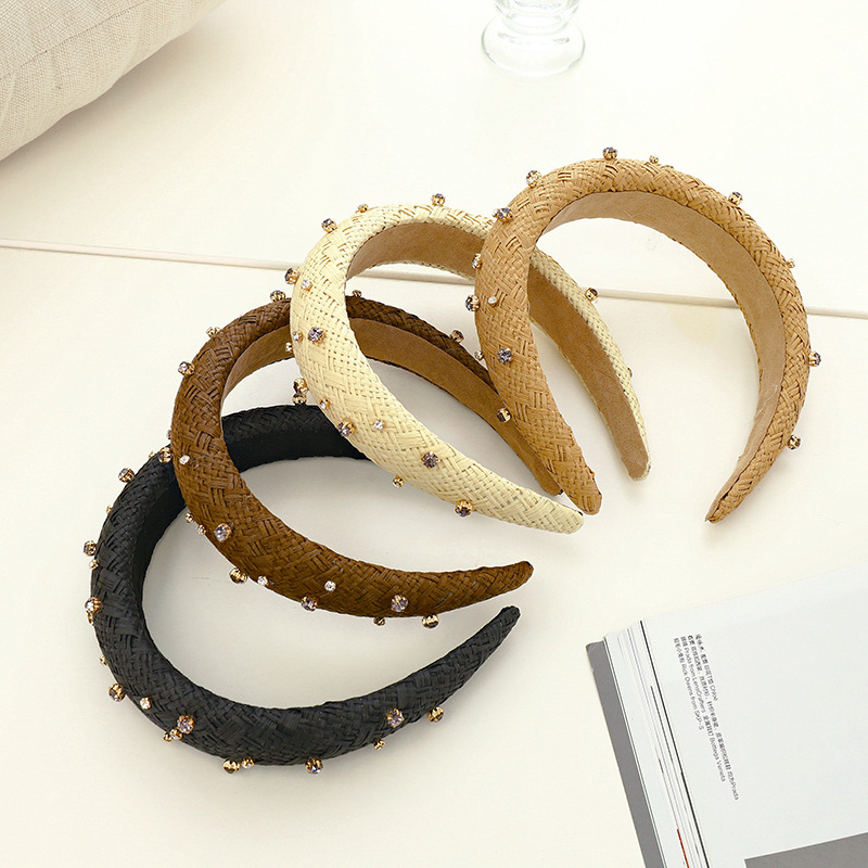 Skylark Network Co., Ltd. Headband Rhinestone Handmade Woven Raffia Sponge Hairband