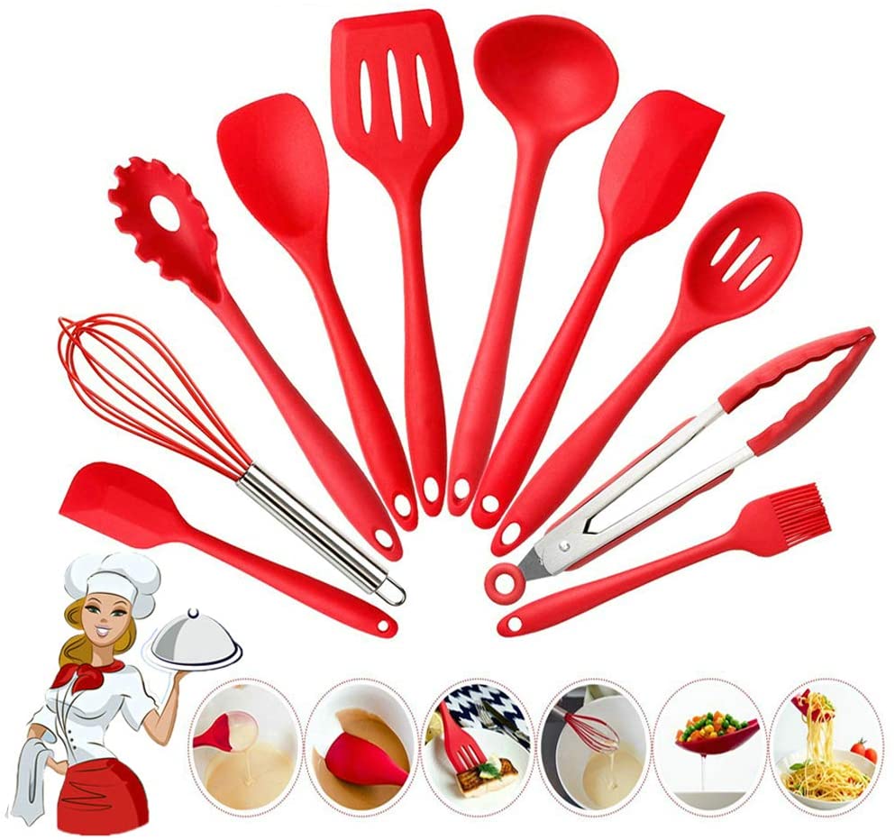 Jieyang Qingzhan Rustless Steel Co., Ltd. Food Grade Heat Resistant Non-stick 10 Piece Kitchenware Spoon Whisk Tongs Cooking Spatula Silicone Kitchen Utensil Set