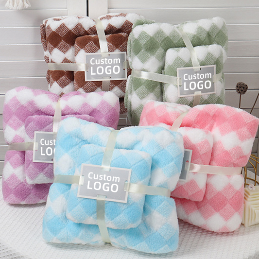 Ningbo Multi Channel Co., Ltd. MU Cheap Price Bath Towel Set Suppliers Warp Knit Coral Velvet Three Color Check Double Thickness Towel Set With Logo