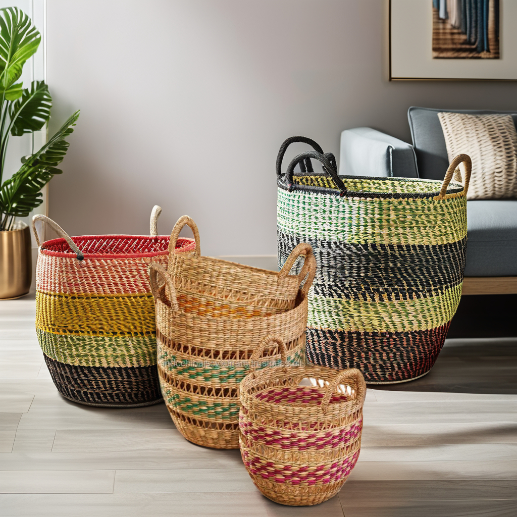 INDOCHINA CREATIVE INVESTMENT AND DEVELOPMENT JOINT STOCK COMPANY Seagrass Planter Basket, Seagrass Laundry Basket Natural Material Home Decoration Vietnam Wholesale Super Cheap