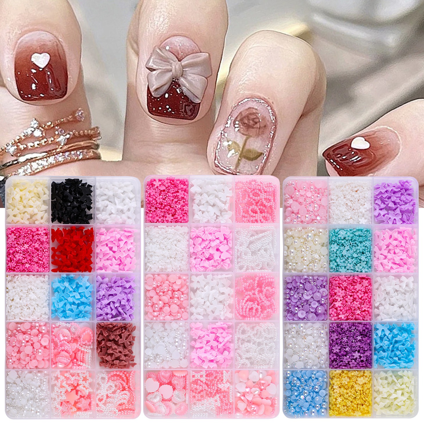 Nantong Jiawei Daily Products LLC 3D Bow Nail Charms Colorful Butterfly Resin Rhinestones Kit Mixed DIY Nail Art Decoration Accessories with Bow Design