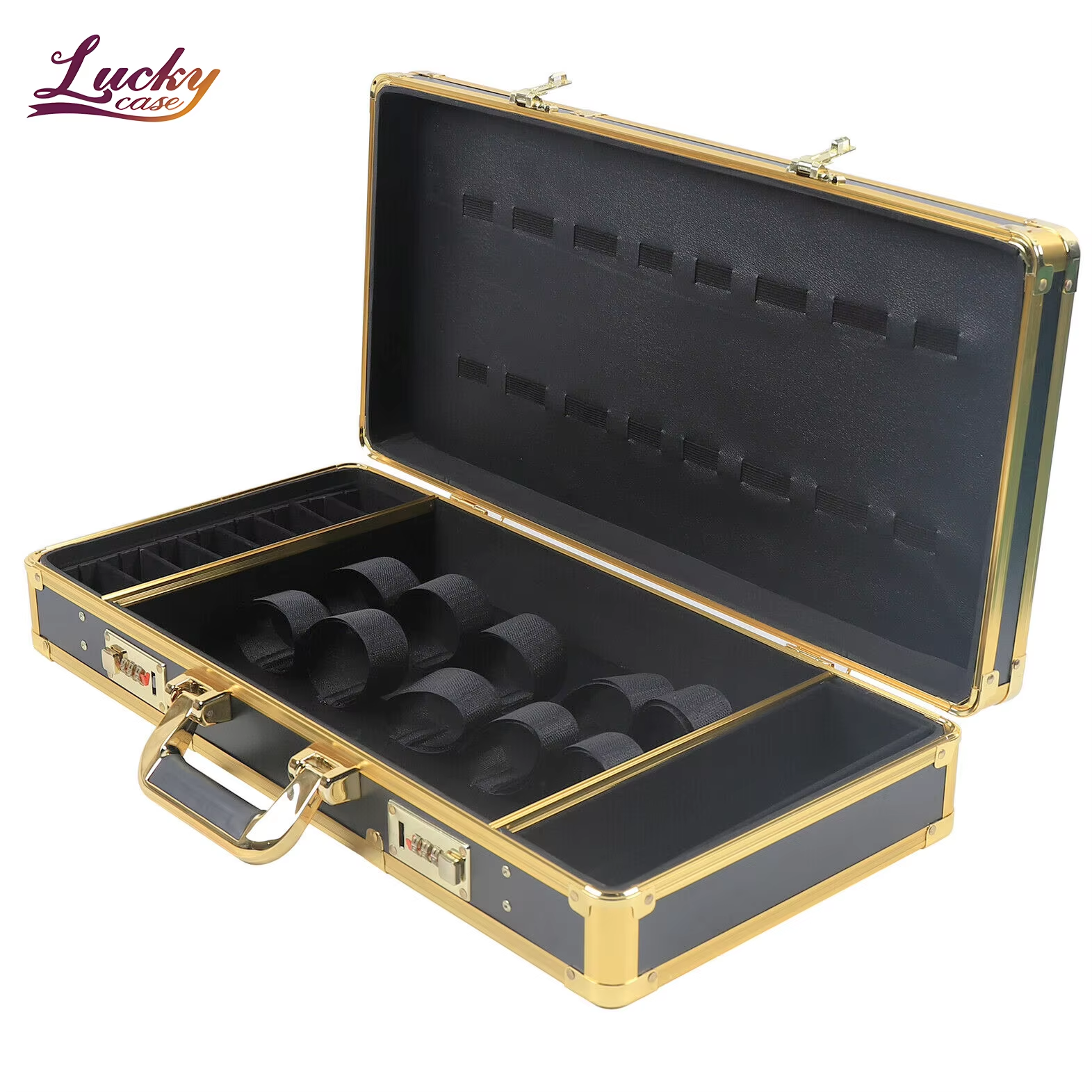 Foshan Nanhai Lucky Case Ltd. Portable Gold Color Aluminum Hair Stylist Carrying Case Lockable Aluminum Hairdressing ShopTools Case Storage Organizer Box