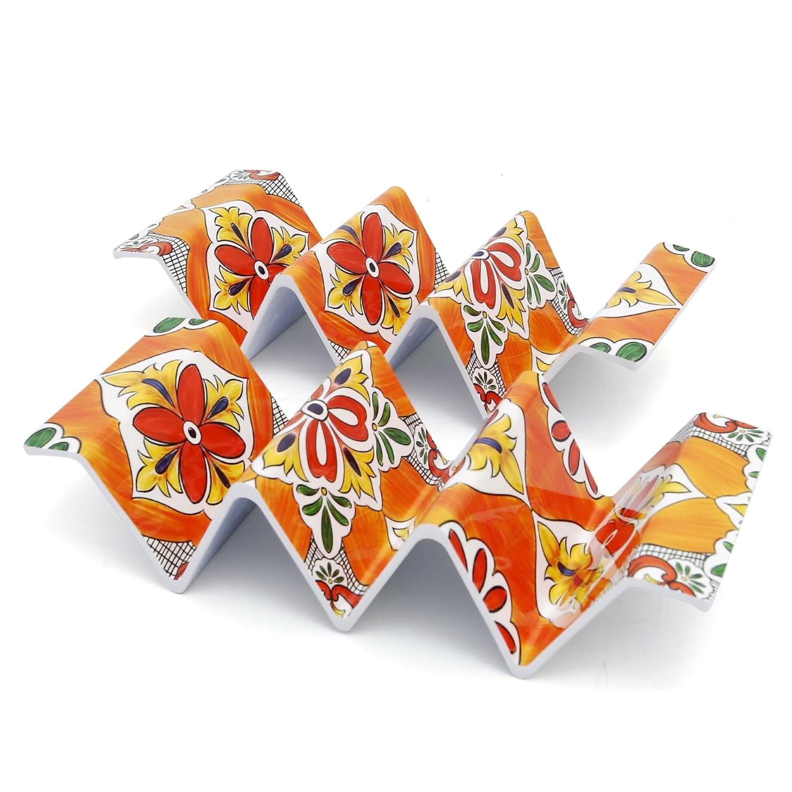 Xi'an Globalhome Co., Ltd. 9.25" Large Melamine Taco Stand Plastic Serving Rack Tray with Handle for 2-3 Tacos for Home Fiesta or Night Party