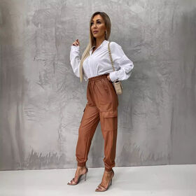 Fall Winter Women's Casual Sports Overalls New High-Waisted Slimming Straight Leg Wide Leg Pants Leather Pants