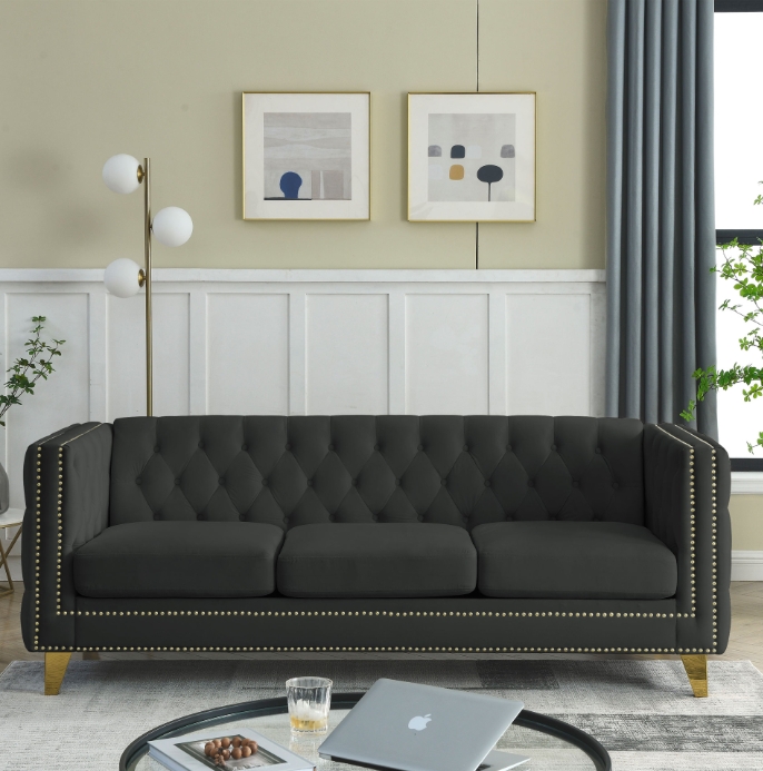 Traditional Retro Oversized 3 Deep SeatSofa Black Velvet Upholstered Futon Tufted Couches with Button Nailhead