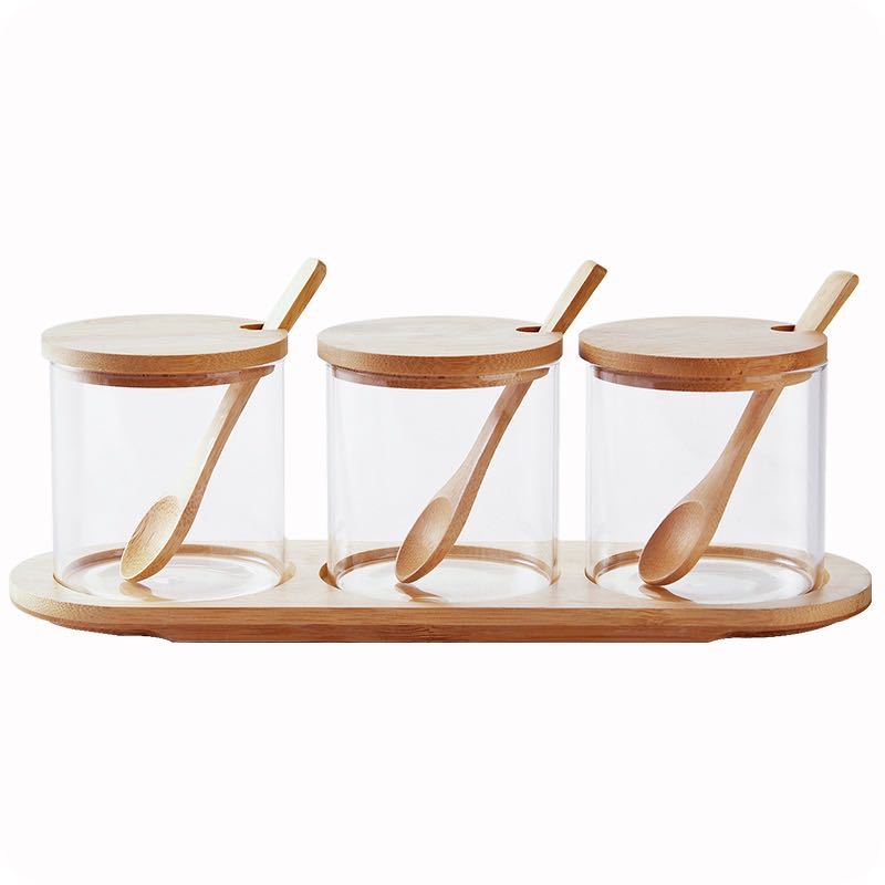 Kitchen Glass Spice Bottle Jars Airtight Container Set With Bamboo Lids And Spoon