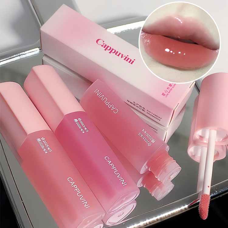 Market Union Co., Ltd. Pink Love Heart Design Lip Glaze Mirror Water Light Glass Transparent Lip Gloss Moisturizing Female Cute Lipstick